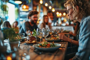 En grupp vänner som äter middag ute på restaurang